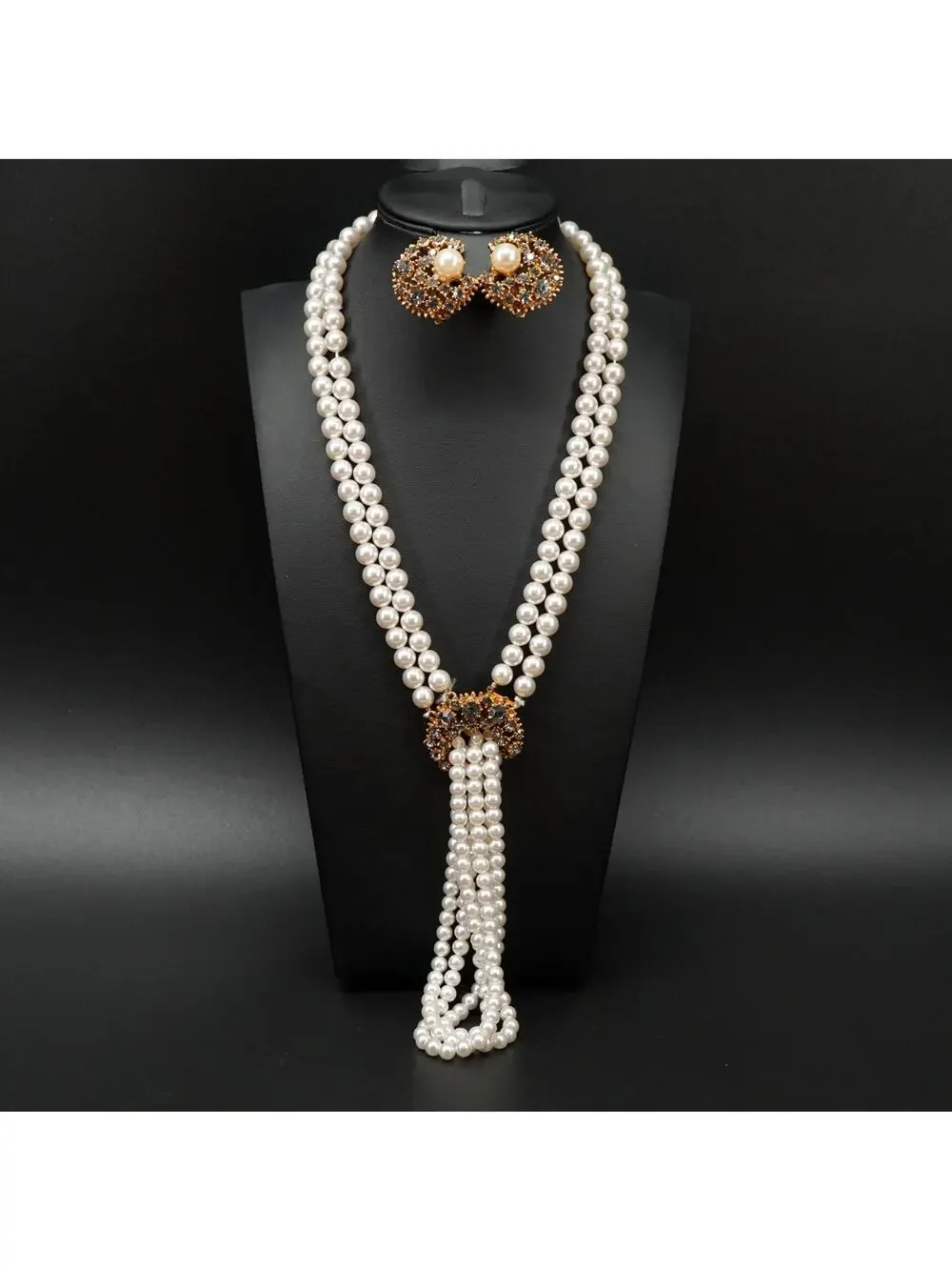 Vintage Hattie Carnegie 1940s Faux Pearl Rhinestone Necklace Earring Set Tassel